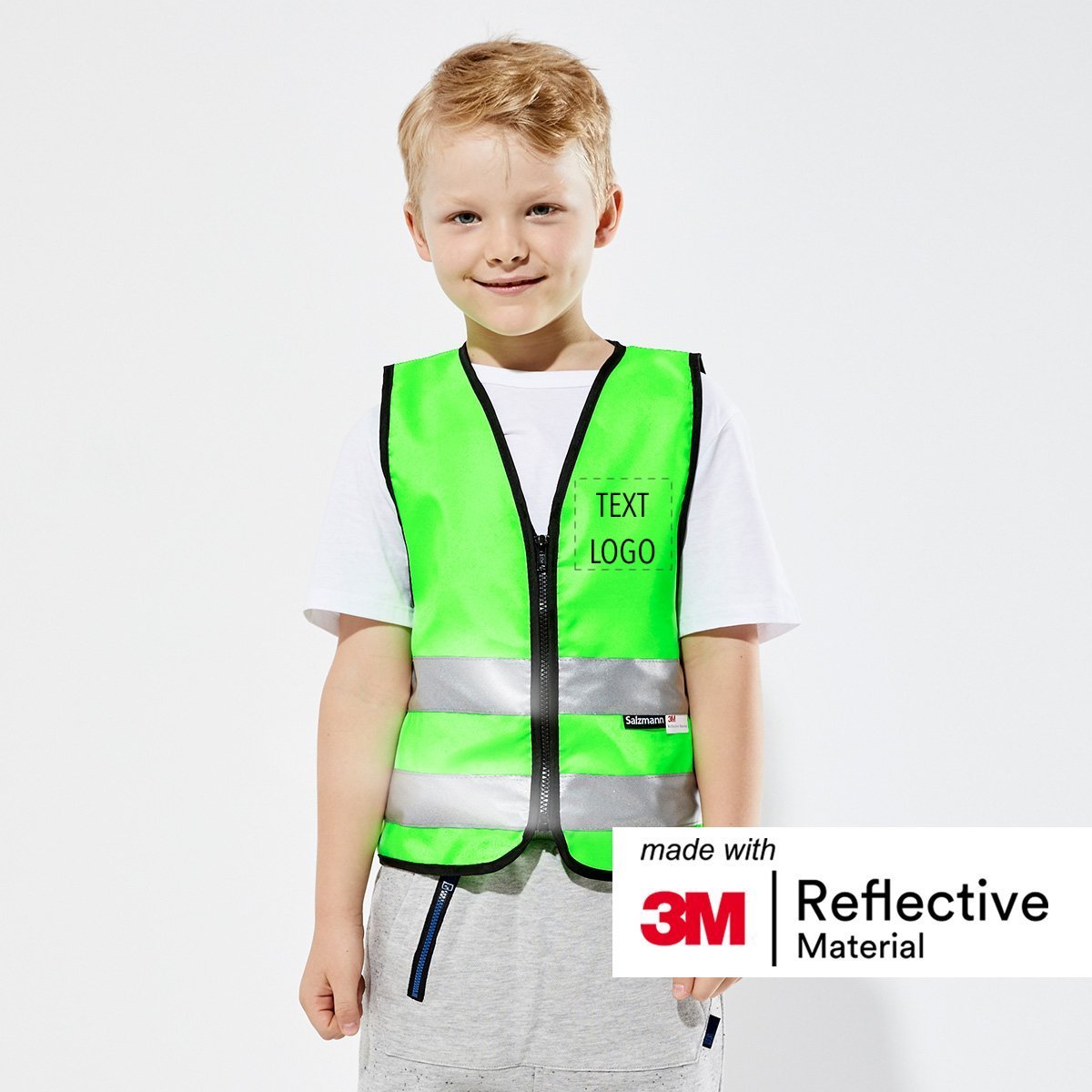 Kinderwarnweste mit Logoaufdruck (Reißverschluss, bedruckt / unbedruckt wählbar) - grün